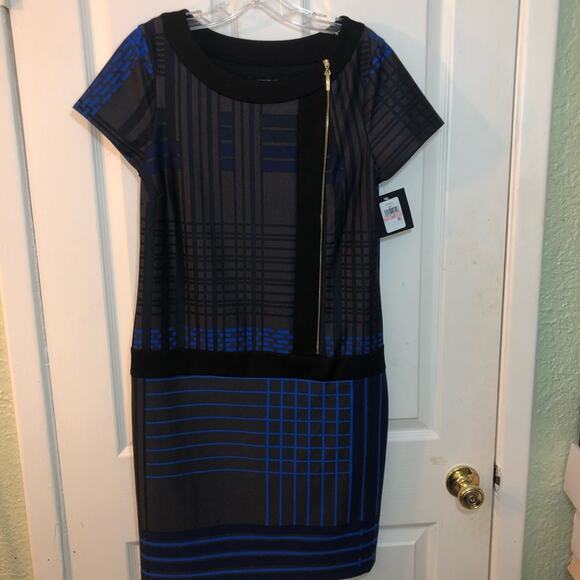 NWT Blue and Brown window pane short sleeve midi shift Dress size 10 Ellen Tracy - Picture 5 of 11